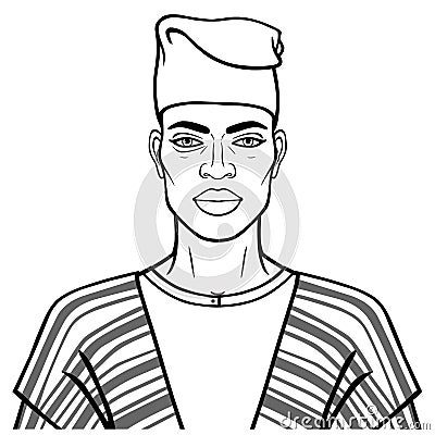 Animation portrait of beautiful African man in a cap. Monochrome linear drawing Vector Illustration