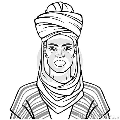 Animation portrait of beautiful African man in a turban. Monochrome linear drawing. Vector Illustration
