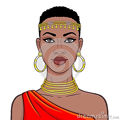 Animation portrait of the beautiful African woman in ancient clothes and jewelry. Vector Illustration