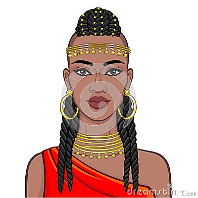 Animation portrait of the beautiful African woman in ancient clothes and jewelry. Vector Illustration
