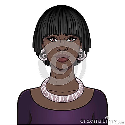 Animation portrait of the beautiful African woman with a hairstyle dreadlocks. Vector Illustration