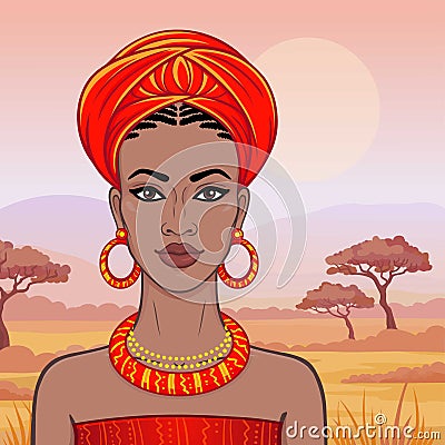 Animation portrait of the beautiful African woman in a turban. Savanna princess, Amazon, nomad. Vector Illustration
