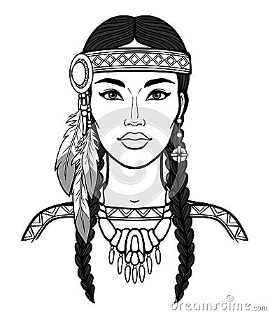 Animation portrait of a beautiful American Indian woman in ancient head dress. Vector Illustration
