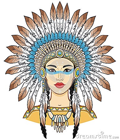 Animation portrait of a beautiful American Indian woman in ancient head dress Vector Illustration
