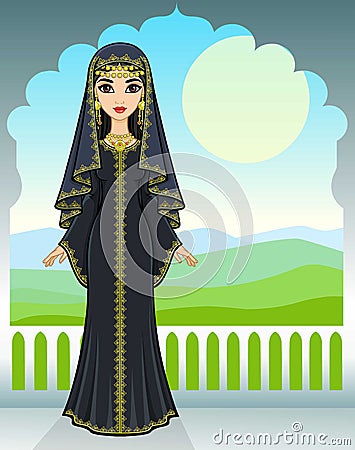 Animation portrait of the beautiful Arab girl standing against the background of a palace window. Vector Illustration