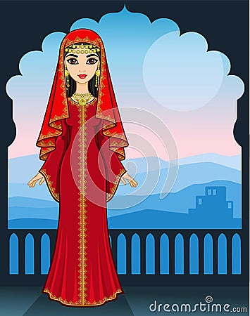 Animation portrait of the beautiful Arab girl standing against the background of a palace window. Vector Illustration