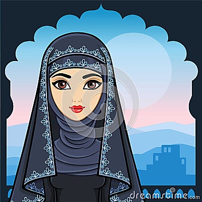 Animation portrait of the beautiful Arab woman in ancient clothes. Vector Illustration