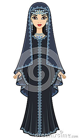 Animation portrait of the beautiful Arab woman in ancient suit: long dress, veil. Vector Illustration