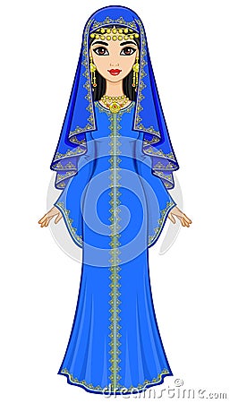 Animation portrait of the beautiful Arab woman in ancient suit: long dress, veil. Vector Illustration