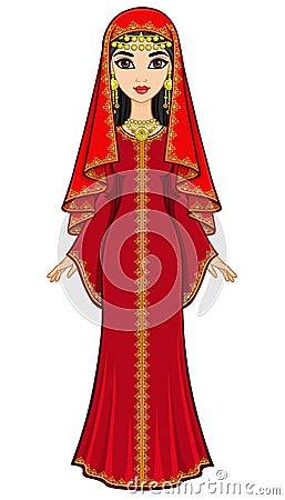 Animation portrait of the beautiful Arab woman in ancient suit: long dress, veil. Vector Illustration