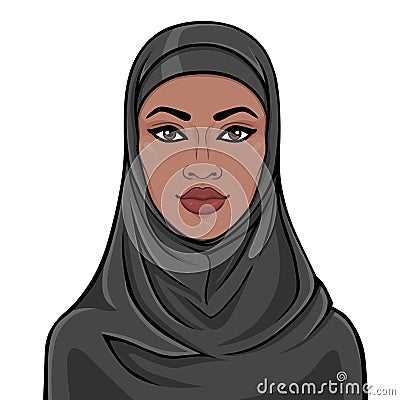 Animation portrait of the beautiful black woman in a hijab. Vector Illustration