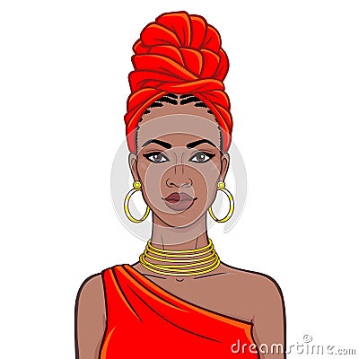 Animation portrait of the beautiful black woman in a red turban and gold jewelry. Vector Illustration