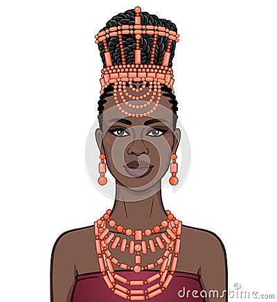 Animation portrait of the beautiful black woman in a traditional ethnic jewelry. Vector Illustration