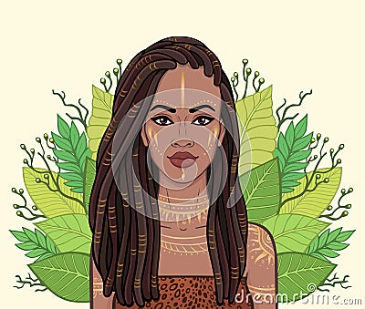 Animation portrait of the beautiful black woman, wreath of tropical leaves. Vector Illustration
