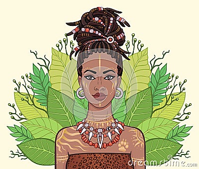 Animation portrait of the beautiful black woman, wreath of tropical leaves. Vector Illustration