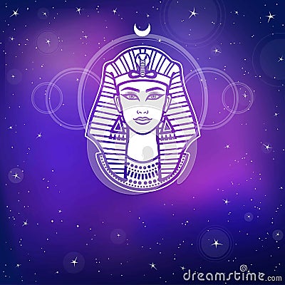 Animation portrait of the beautiful Egyptian woman. Background - the night stellar sky. Vector Illustration