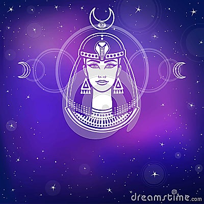 Animation portrait of the beautiful Egyptian woman. Background - the night stellar sky. Vector Illustration