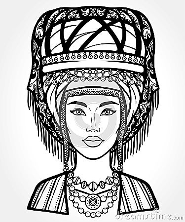 Animation portrait of a beautiful girl in ancient national turban. Married woman `s headdress. Vector Illustration