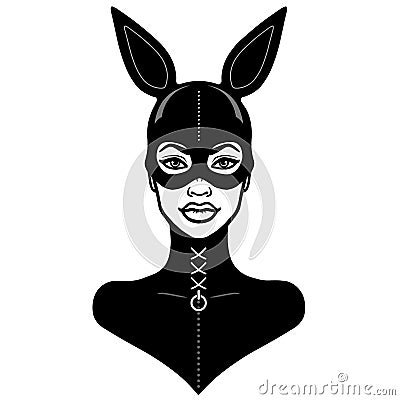 Animation portrait of the beautiful girl in a black latex suit and mask rabbit. Vector Illustration