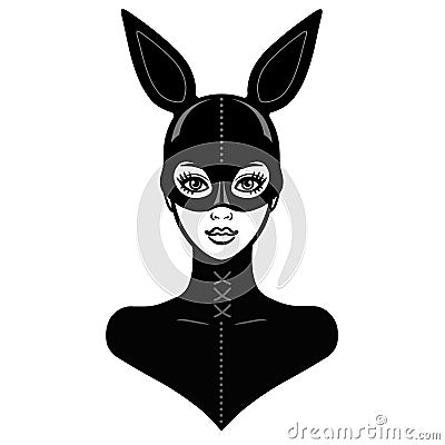 Animation portrait of the beautiful girl in a black latex suit and mask rabbit. Vector Illustration