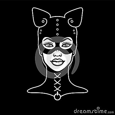 Animation portrait of the beautiful girl in a mask of a cat. Vector Illustration