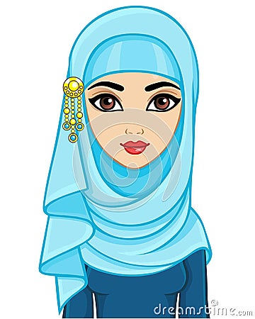 Animation portrait of beautiful young Arab woman in a hijab. Vector Illustration