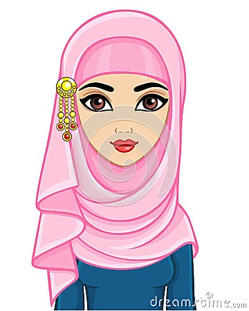 Animation portrait of the Arab woman in a traditional suit. Vector Illustration