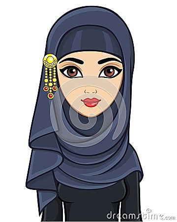 Animation portrait of beautiful young Arab woman in a hijab. Vector Illustration