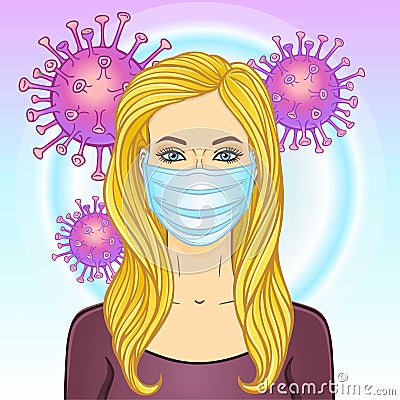 Animation portrait of a blonde woman in white medical face mask. Vector Illustration