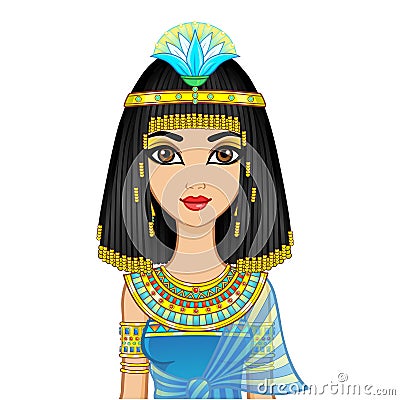 Animation portrait Egyptian girl in ancient clothes with a papyrus flower on the head. Cartoon Illustration