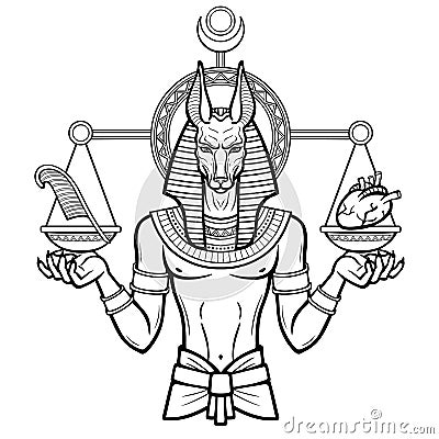 Animation portrait: Egyptian God Anubis measures the human heart and pen on sacred scales. Vector Illustration