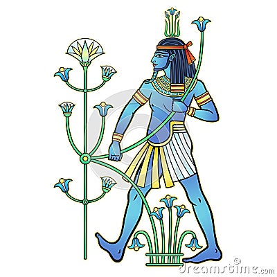 Animation portrait Egyptian God Hapi holding a reed flower. God of fertility, of water, of Nile River. Vector Illustration