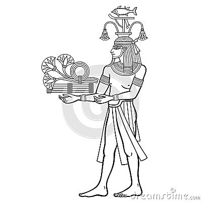 Animation portrait: Egyptian God Hapi presents river gifts - papyrus flowers. God of fertility, of water, of Nile River. Vector Illustration