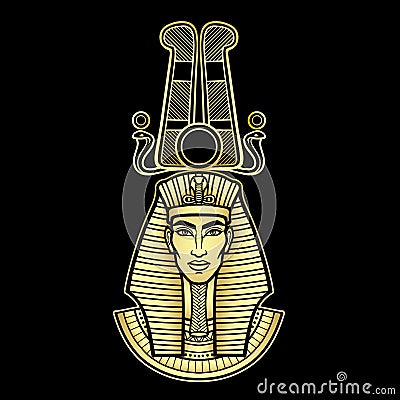 Animation portrait Egyptian man in a striped scarf and a divine crown. Gold Imitation. Vector Illustration