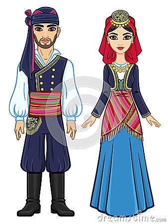 Animation portrait of a family in ancient Greek clothes. Full growth. Vector Illustration