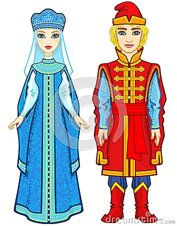 Animation portrait of a family in ancient Russian clothes. Vector Illustration