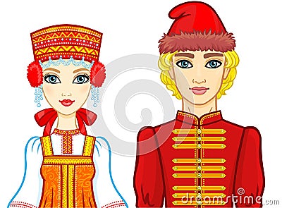 Animation portrait of a family in ancient Russian clothes. Vector Illustration