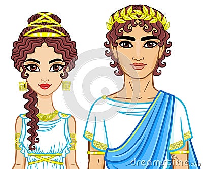 Animation portrait of a family in clothes of Ancient Greece. Vector Illustration