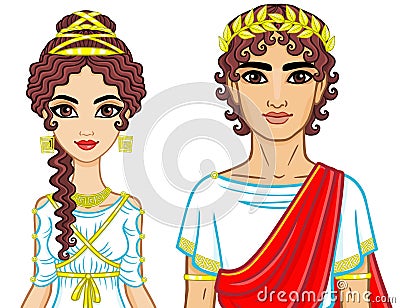 Animation portrait of a family in clothes of Ancient Greece. Vector Illustration