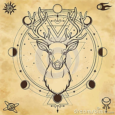 Animation portrait of a horned deer - spirit of the wood. Pagan deity. Vector Illustration