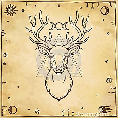 Animation portrait of a horned deer - spirit of the wood. Pagan deity. Vector Illustration