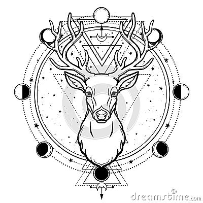 Animation portrait of a horned deer - spirit of the wood. Pagan deity. Vector Illustration