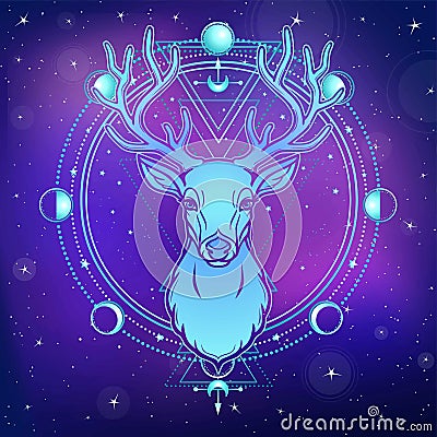 Animation portrait of a horned deer - spirit of the wood. Pagan deity. Vector Illustration