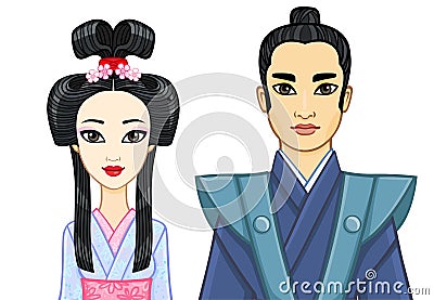 Animation portrait of Japanese family in ancient clotes. Geisha, Maiko, Samurai. Vector Illustration