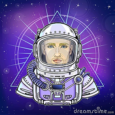 Animation portrait of the man astronaut in an space suit. Vector Illustration