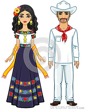 Animation portrait of the Mexican family in ancient festive clothes. Vector Illustration