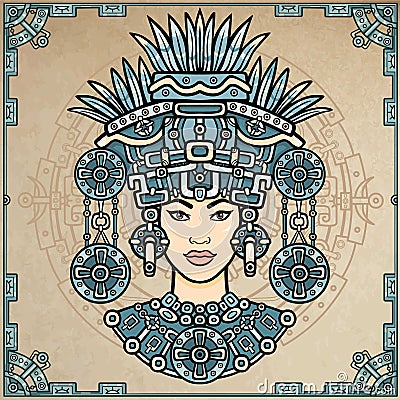 Animation portrait of the pagan goddess based on motives of art Native American Indian. Color decorative drawing. Vector Illustration