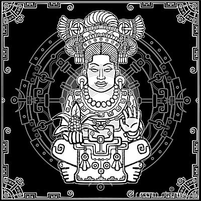 Animation portrait of the pagan goddess based on motives of art Native American Indian. White drawing, black background with a pat Vector Illustration