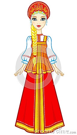 Animation portrait of the Russian girl in ancient clothes. Vector Illustration