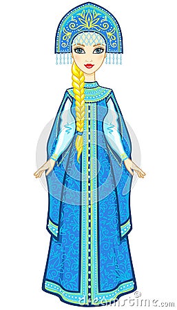 Animation portrait of the Russian princess in ancient clothes. Snow Maiden, Vasilisa, character of the fairy tale. Vector Illustration